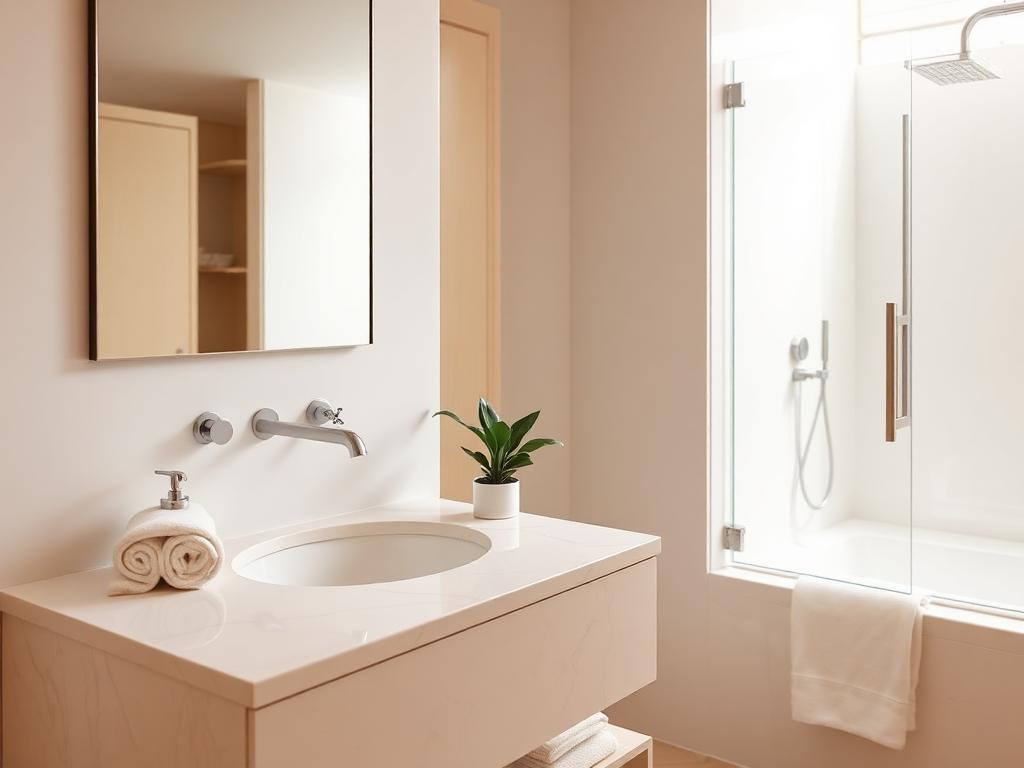 Freshly cleaned neutral bathroom with polished surfaces